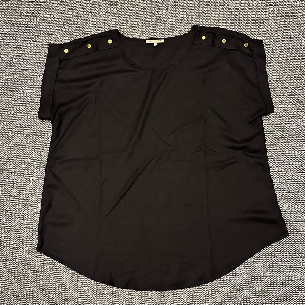 Black Short-Sleeve Blouse with Gold Shoulder Buttons — Women's